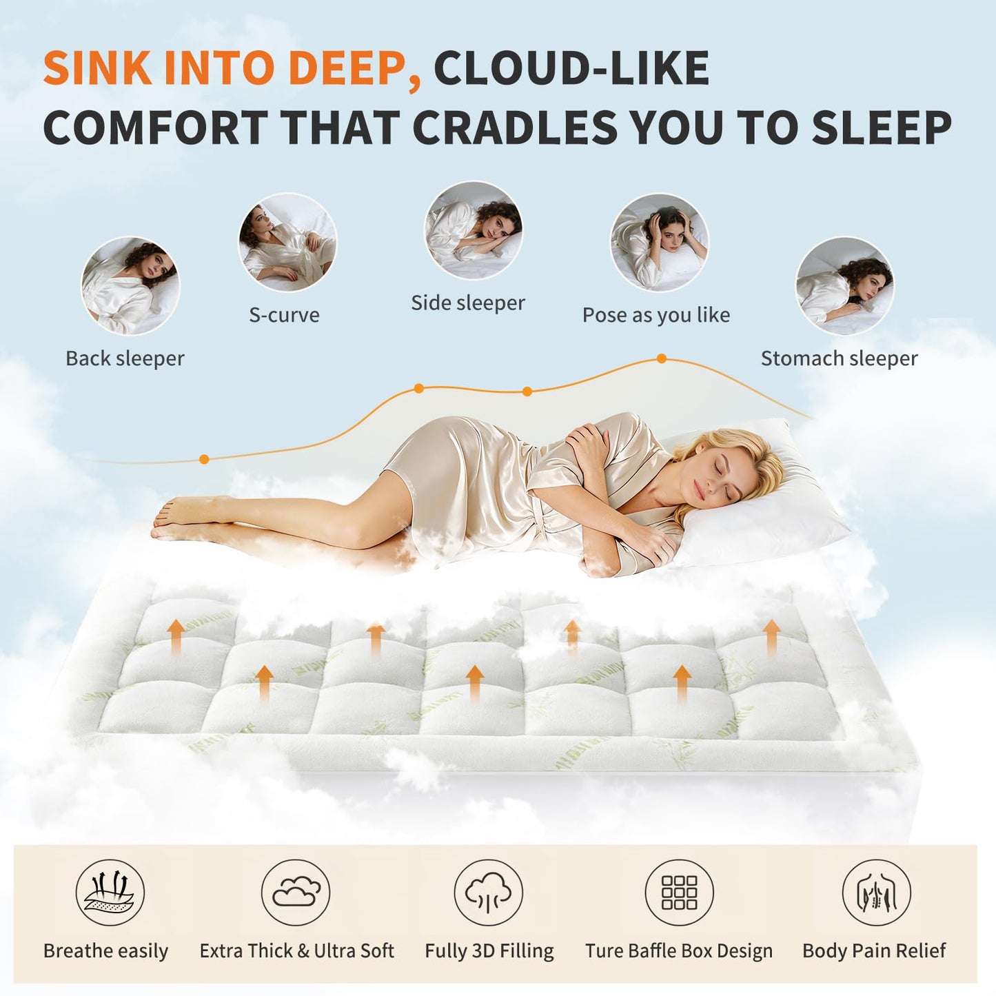 Sweetcrispy Mattress Topper, Bamboo Viscose Ultra Soft Mattress Protector with Stretchable Pockets, Cooling Pillow Top Mattress Pad Breathable, Mattress Cover for Back Pain Relief, Hot Sleepers