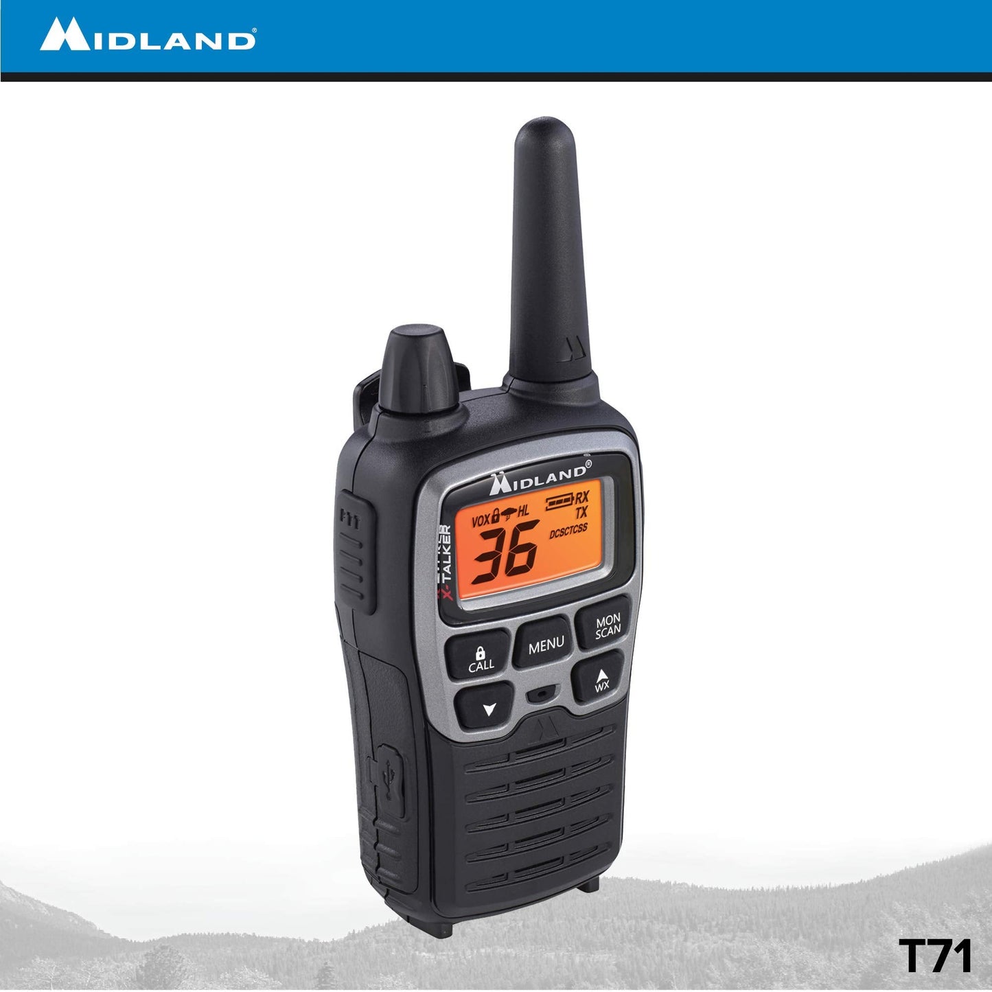 Midland T71VP3 36 Channel FRS Two-Way Radio - Up to 38 Mile Range Walkie Talkie - Black/Silver (Pack of 4), 6.2" x 1.3" x 2.3", Model Number: T71X4VP3