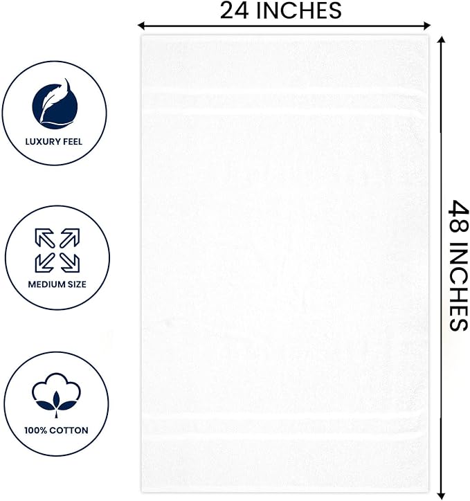 Basic Medium Bath Towels 24x48 Inches – Pack of 6 – White Color – Soft and