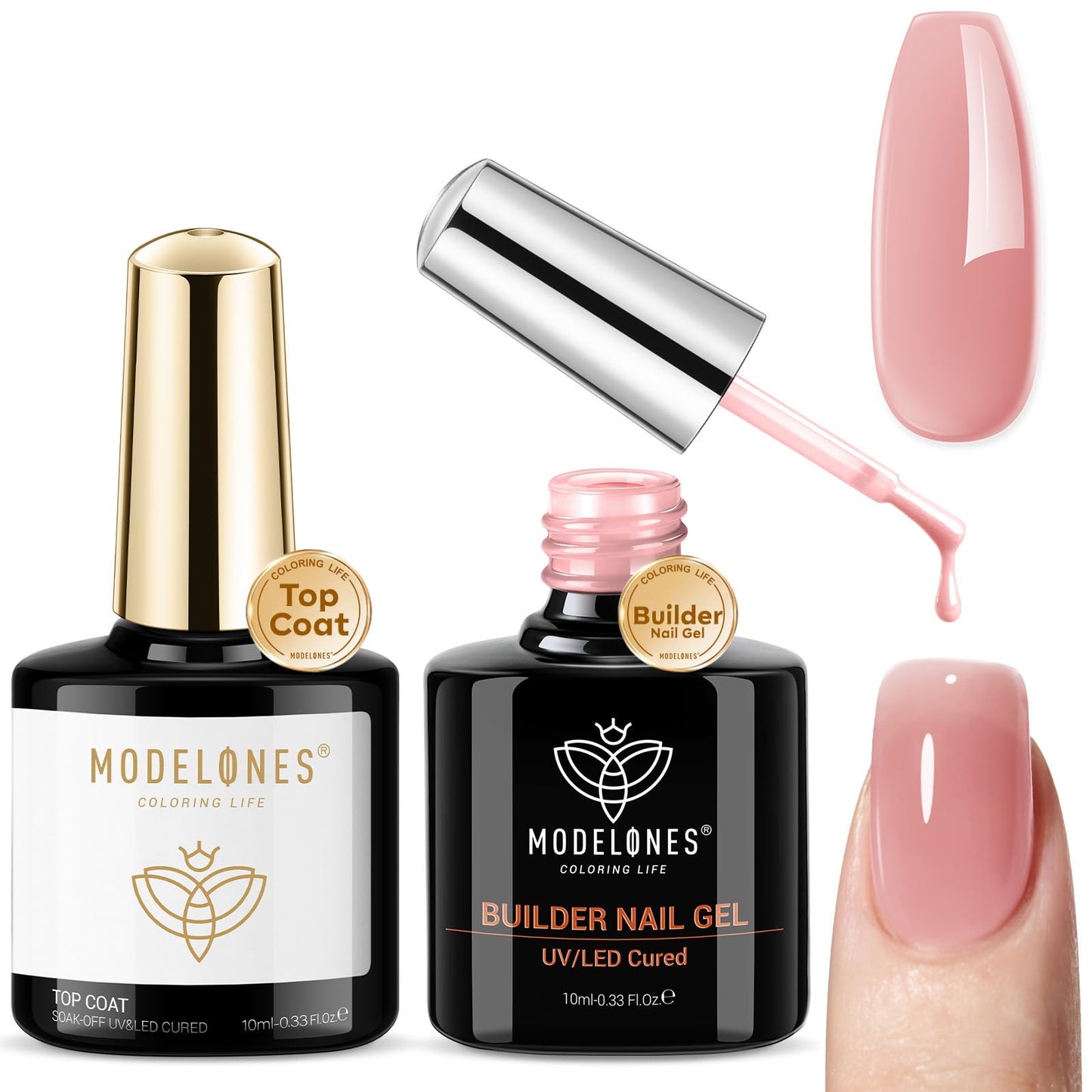 modelones Builder Nail Gel with Gel Top Coat, 3Pcs Clear Builder Nail Kit for Thickening Apex Building Extension Rhinestone Gel Tips Glue, U/V LED Lamp Cured for Home DIY Salon Girls