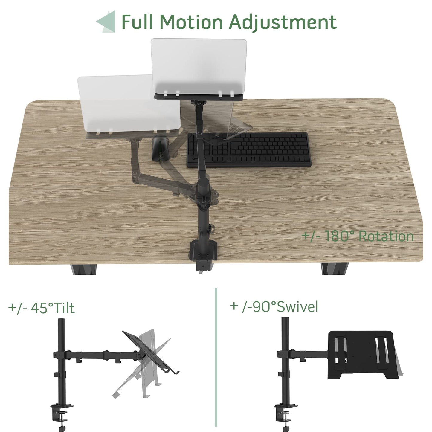 Laptop Desk Mount, Single Laptop Stand Arm with Vented Tray for 17 inch Notebook or 14”-32” Monitor, Holds up to 17.6 lbs, Fully Adjustable, Clamp/Grommet Mounting, VESA 75/100mm