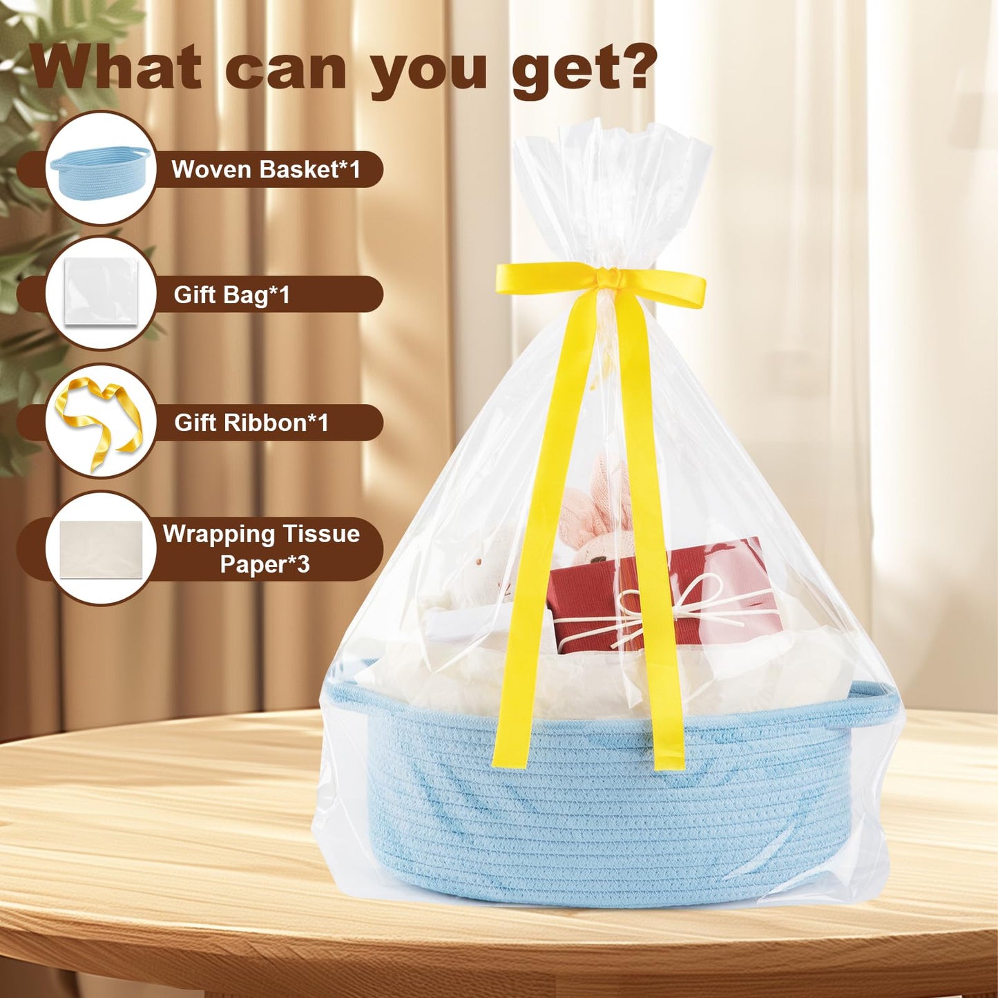 OIAHOMY Gift Basket with Handle, Small Woven Basket with Gift Bag, Ribbon and Wrap Tissue Paper, Nursery Bins Empty to Fill with Small Items, Baby, Pet Toy Organizer - Blue