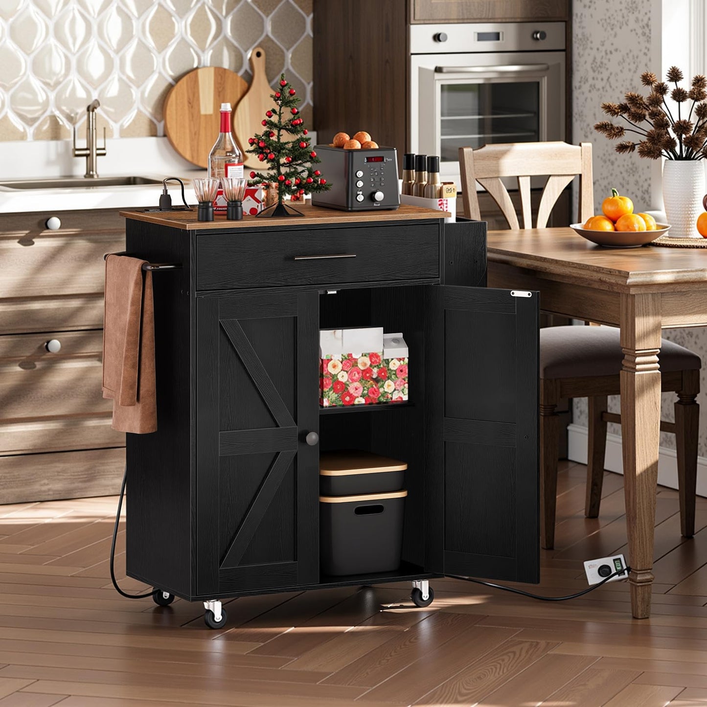 HOOBRO Kitchen Island with Power Outlet, Rolling Kitchen Island with Large Worktop, Kitchen Island Cart with Spice Rack and Drawer, Island Table for Dining Room, Rustic Brown and Black BF88UZD01