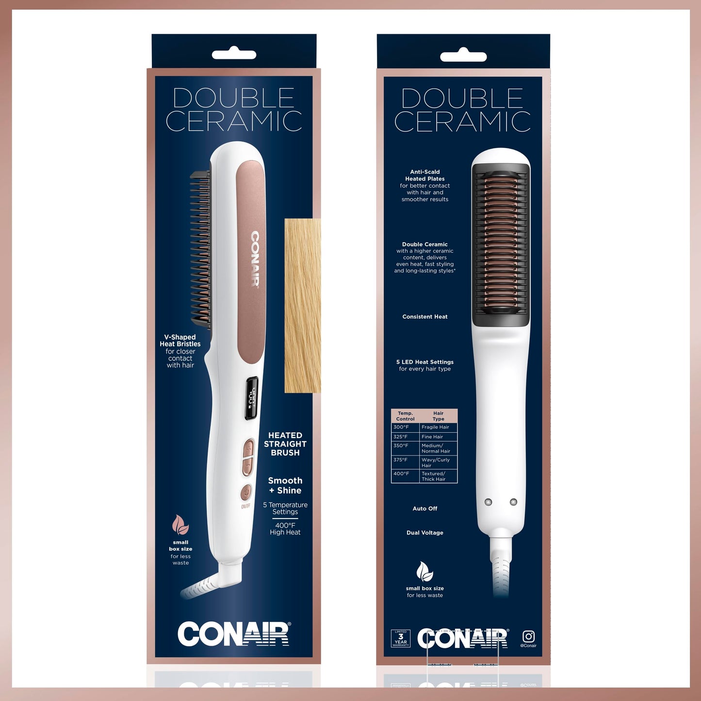 Conair Double Ceramic Straightening Brush, Heated Straightening Brush for Smooth Shiny Hair, V-Shaped Heat Bristles for Closer Contact