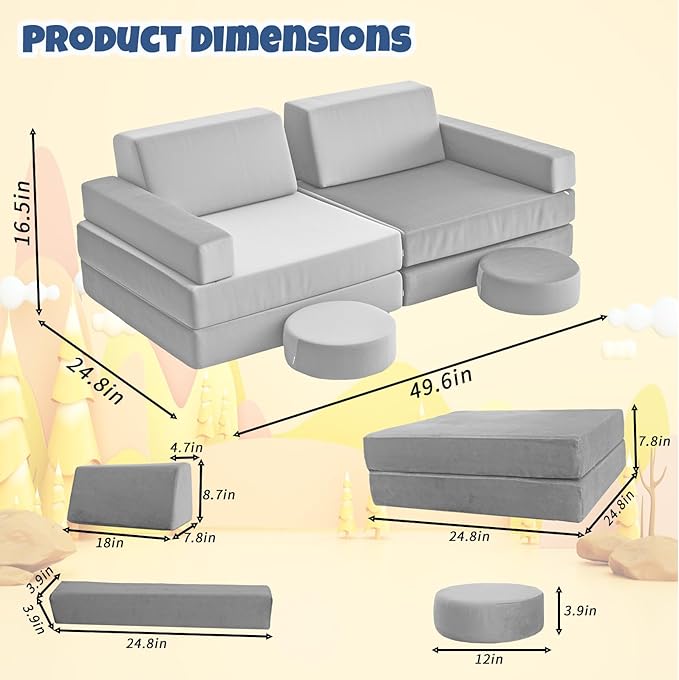 12 Pcs Modular Kids Play Sofa Convertible Foam Floor Mat and Play Fortress