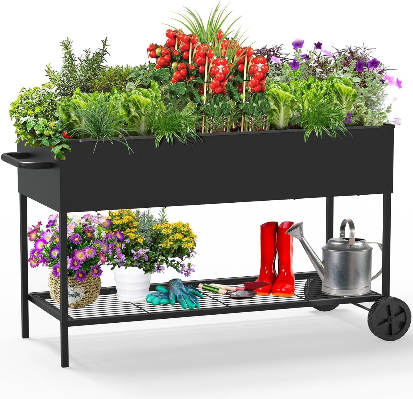 JWPEHOE 51 × 26 × 31.5 Inches Raised Garden Bed with Legs/Storage Shelf, Mobile Planter Box for Outdoor Plants, Elevated Garden Bed for Backyard, Balcony, Black