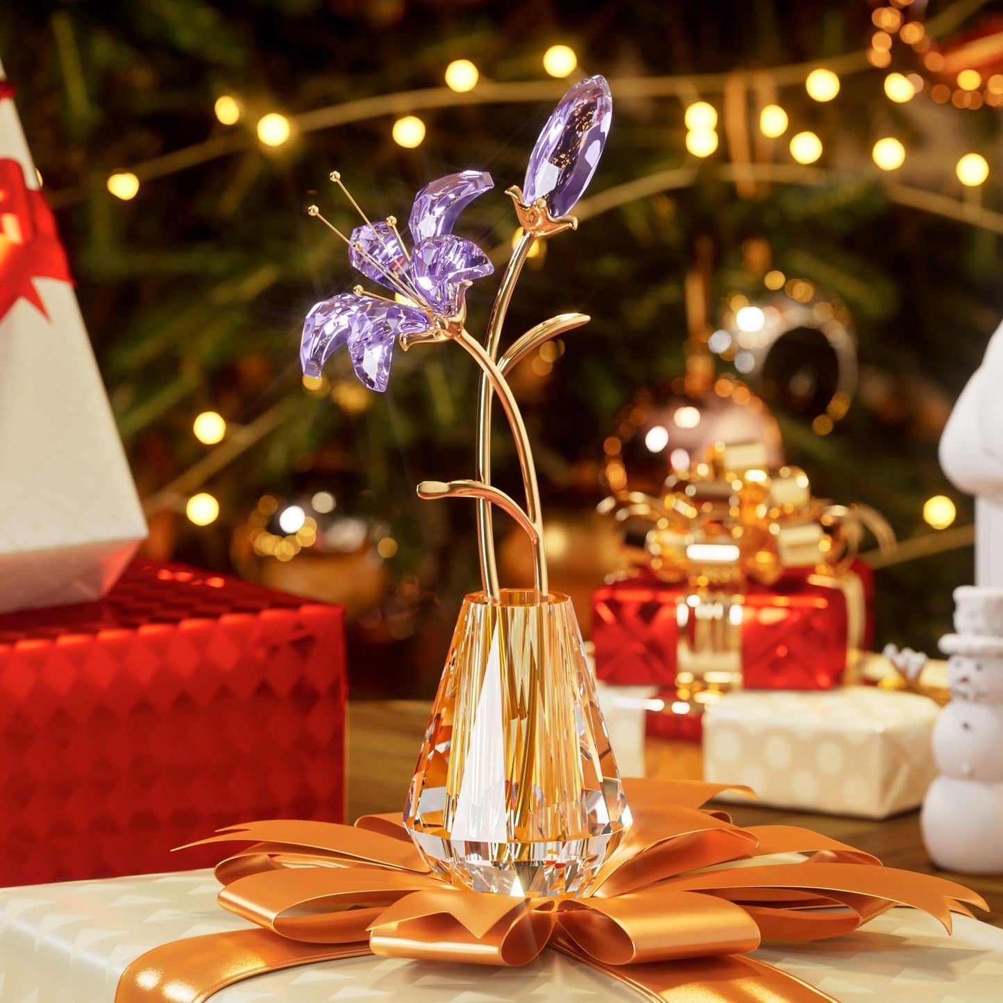 YWHL Purple Lily Flower Gifts for Women, Handmade Crystal Lily Flower Figurine Collectible with Vase, Home Wedding Party Decor