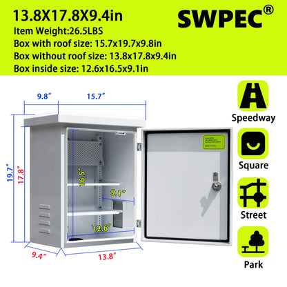Metal Outdoor Enclosure with Rain Hood Electrical Box Weatherproof WiFi/Network Enclosure Breaker Box with Fan-Vent Design Cable Project Cabinet with Mounting Track Hole in Back 16X20X10