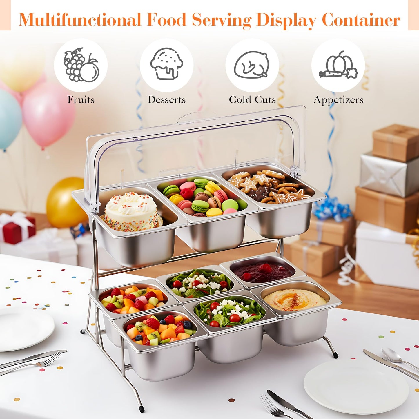 Lallisa 2 Tiered Ice Food Serving Tray Countertop Food Serving Display Container for Buffet Restaurant Party, with Clear Roll Top Cover 6+3 Pan Buffet Condiment Dispenser