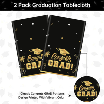 2 Pack Graduation Tablecloth - Congrats Grad Table Cloths, Plastic Disposable Rectangle Black Gold Class of 2025 Table Cover for Graduation Tables Decorations Party Decor Supplies Favors,108 x 54 Inch