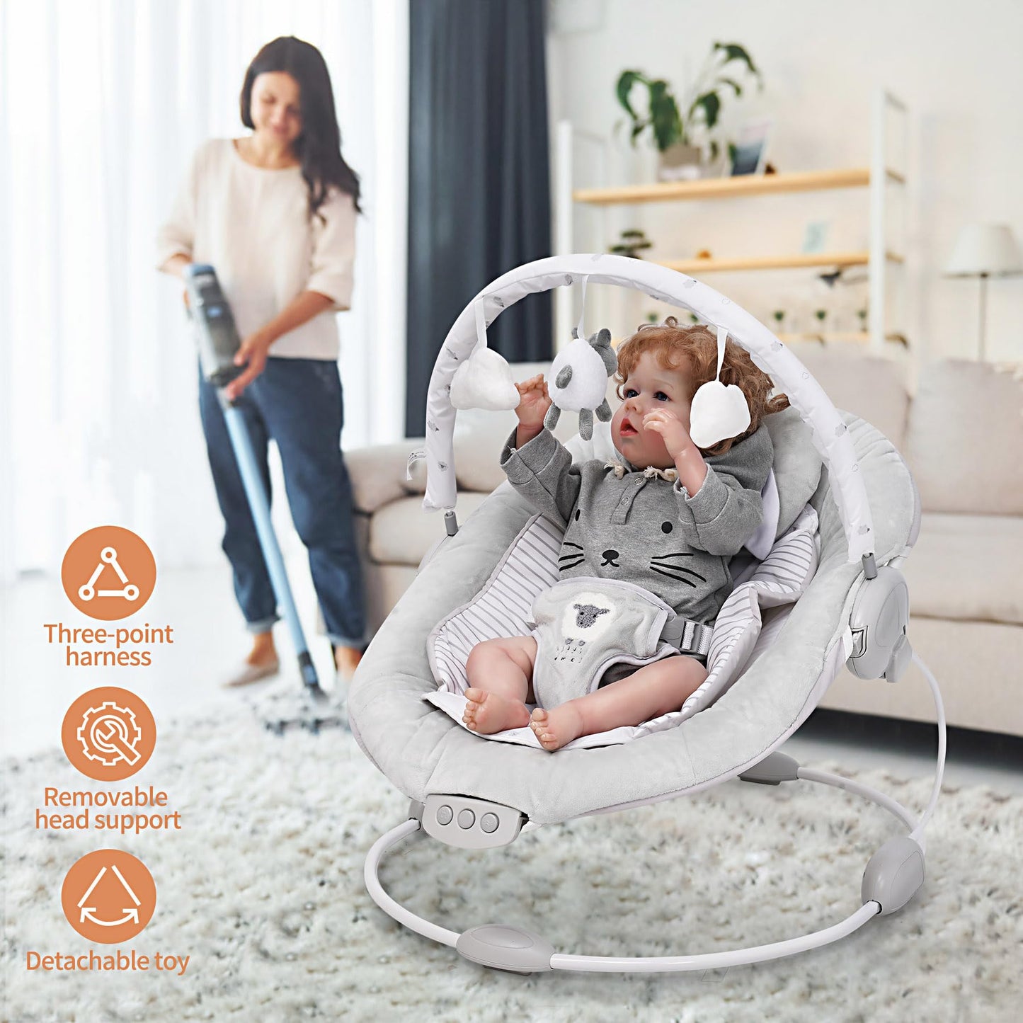 LADIDA Soft Padded Lamb Bouncer, Suitable for Newborns 0-6 Months, Soothing Music and Vibration