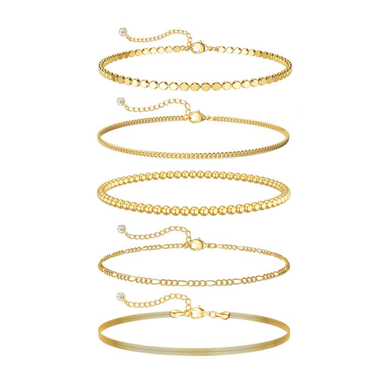 DEARMAY Dainty 14K Gold Plated Chain Bracelets for Womens Trendy Waterproof Gold Jewelry Set Fashion Stackable Beaded Figaro Herringbone Link Bracelet Pack Stack Gifts