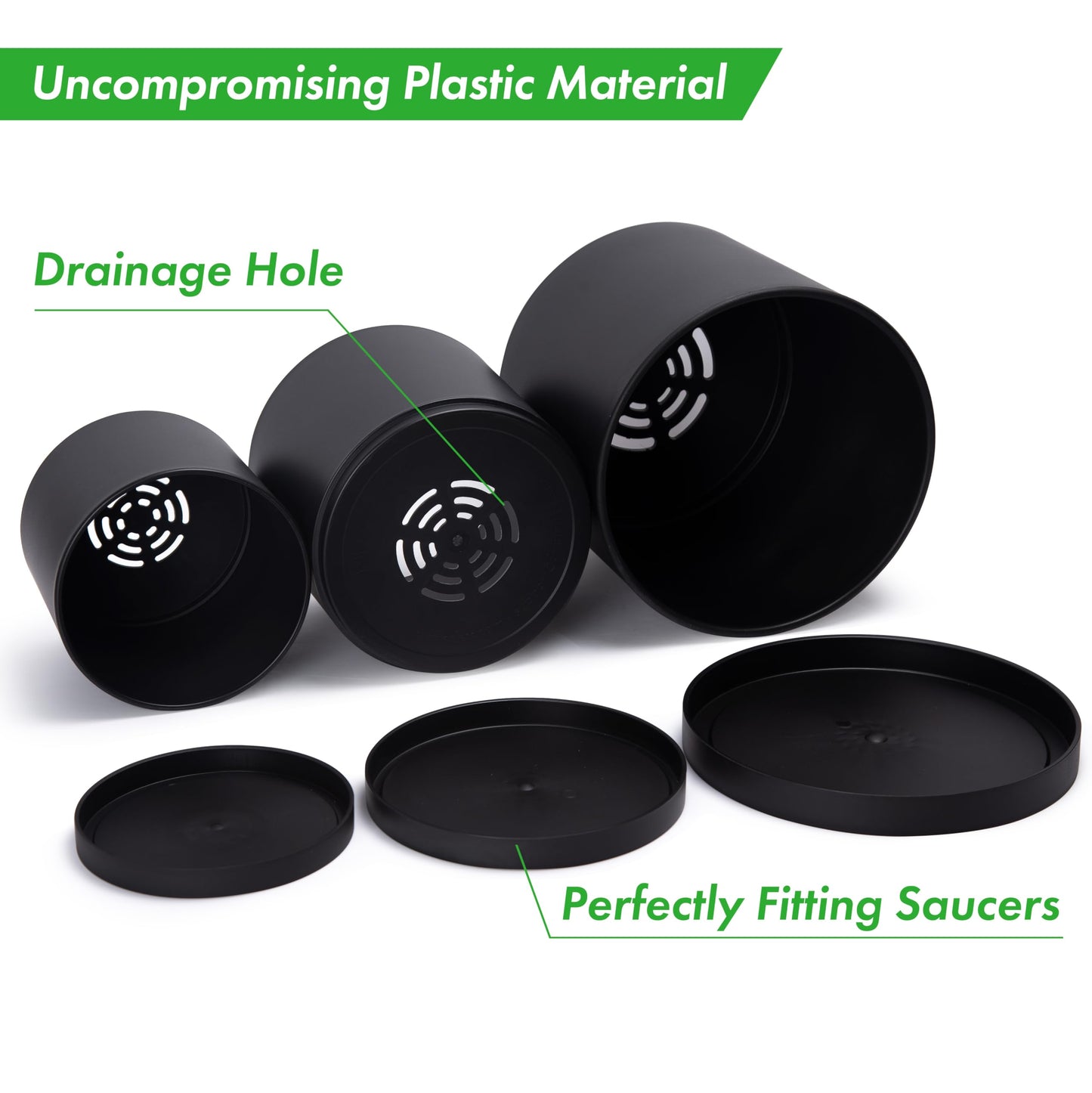 D'vine Dev 6.5 Inch 8 Inch 10 Inch, Set of 3 Plastic Planter Pots for Plants with Drainage Hole and Seamless Saucers, Black Color, Large, 74-V-B-4