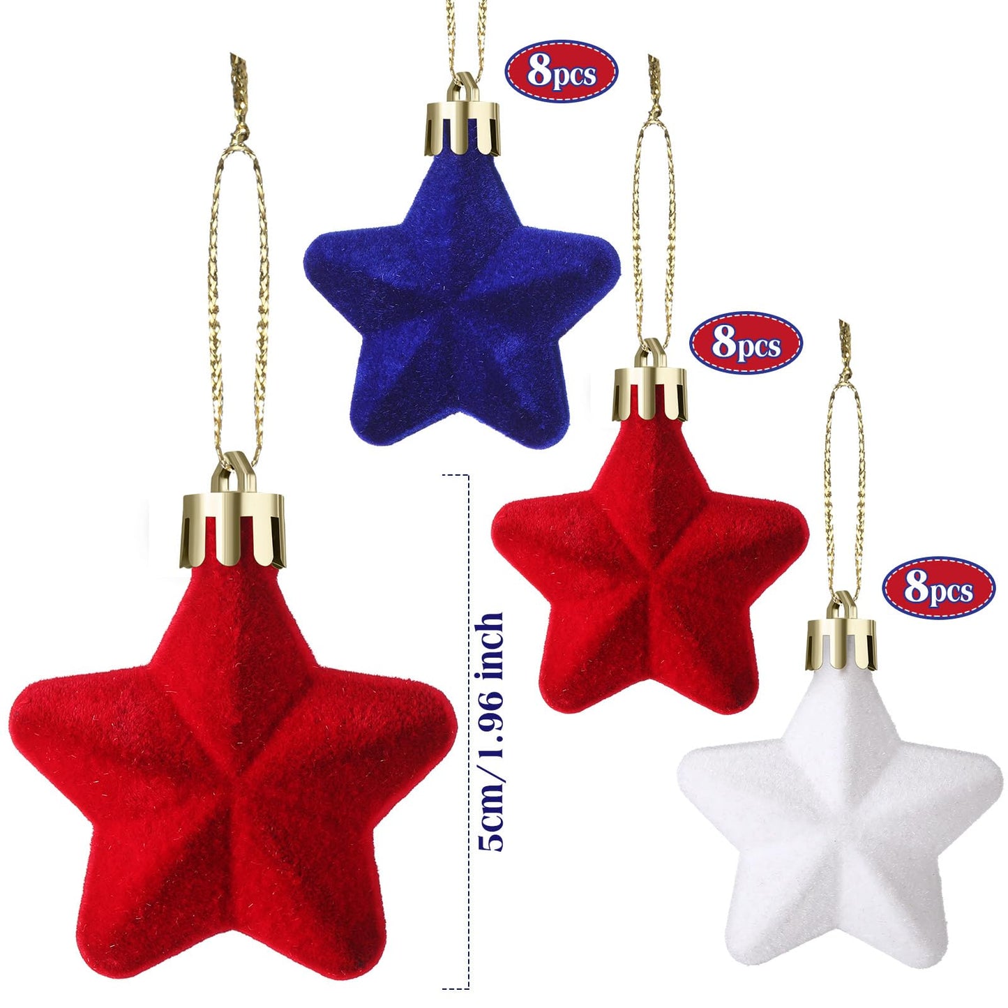 PullCrease 24 Pcs 4th of July Tree Decorations 1.97 Inch Red White Blue Star Ornaments Patriotic Hanging Star Shaped Ornaments for Independence Day 250th Anniversary Holiday Party Supplies
