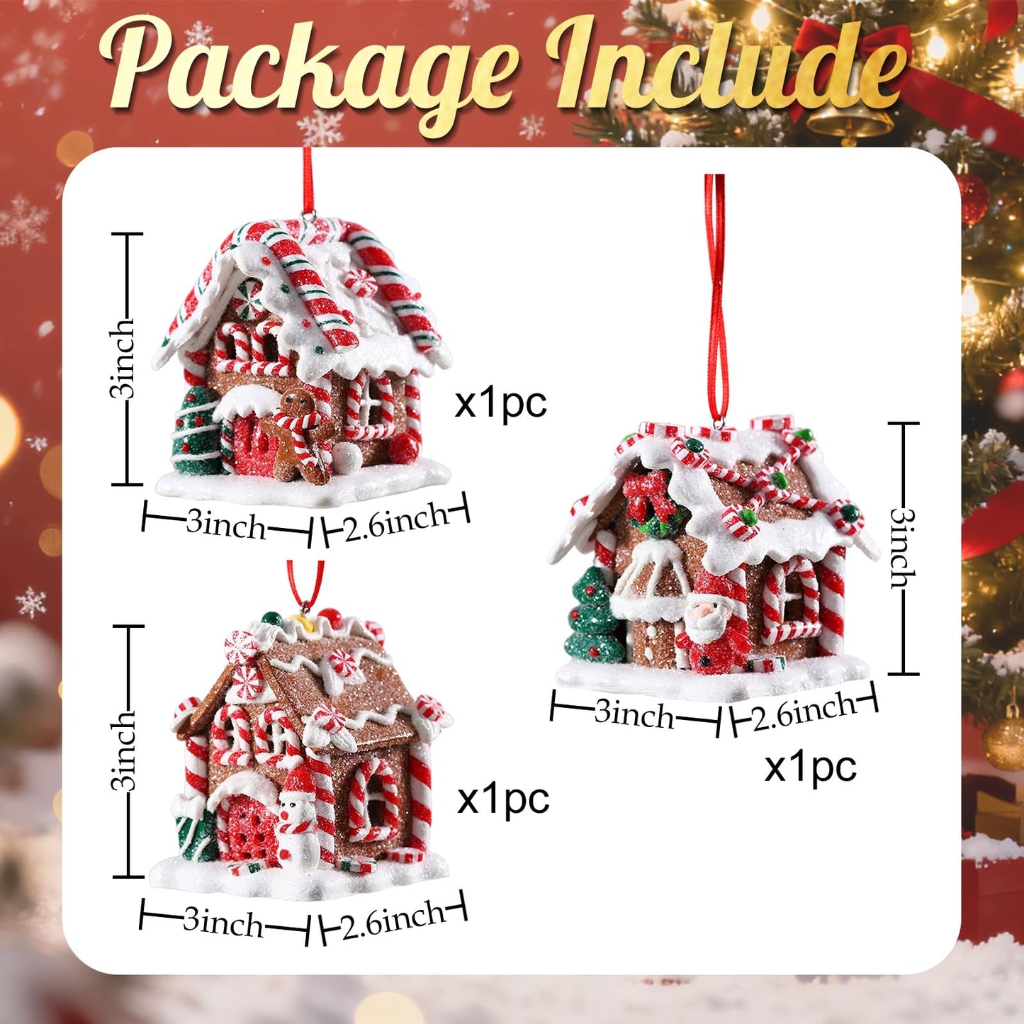 3Pcs Christmas Gingerbread House Hanging Ornaments for Xmas Tree,3D Light-Up Handmade Clay Gingerbread Candy House with Santa Claus Snowman for Christmas Eve New Year Winter Holiday Party Decorations