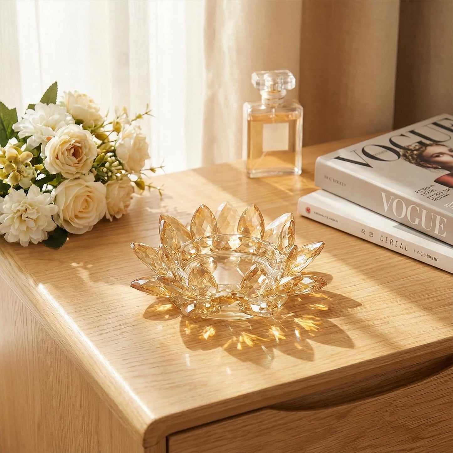 Large Crystal Lotus Tealight Candle Holder for Up to 6" Diameter Pillar Candle Plate Candlestick,Chunky Glass Votive Stand for Wedding, Party, Table Centerpiece Decor and Yoga Meditation (2, Gold)