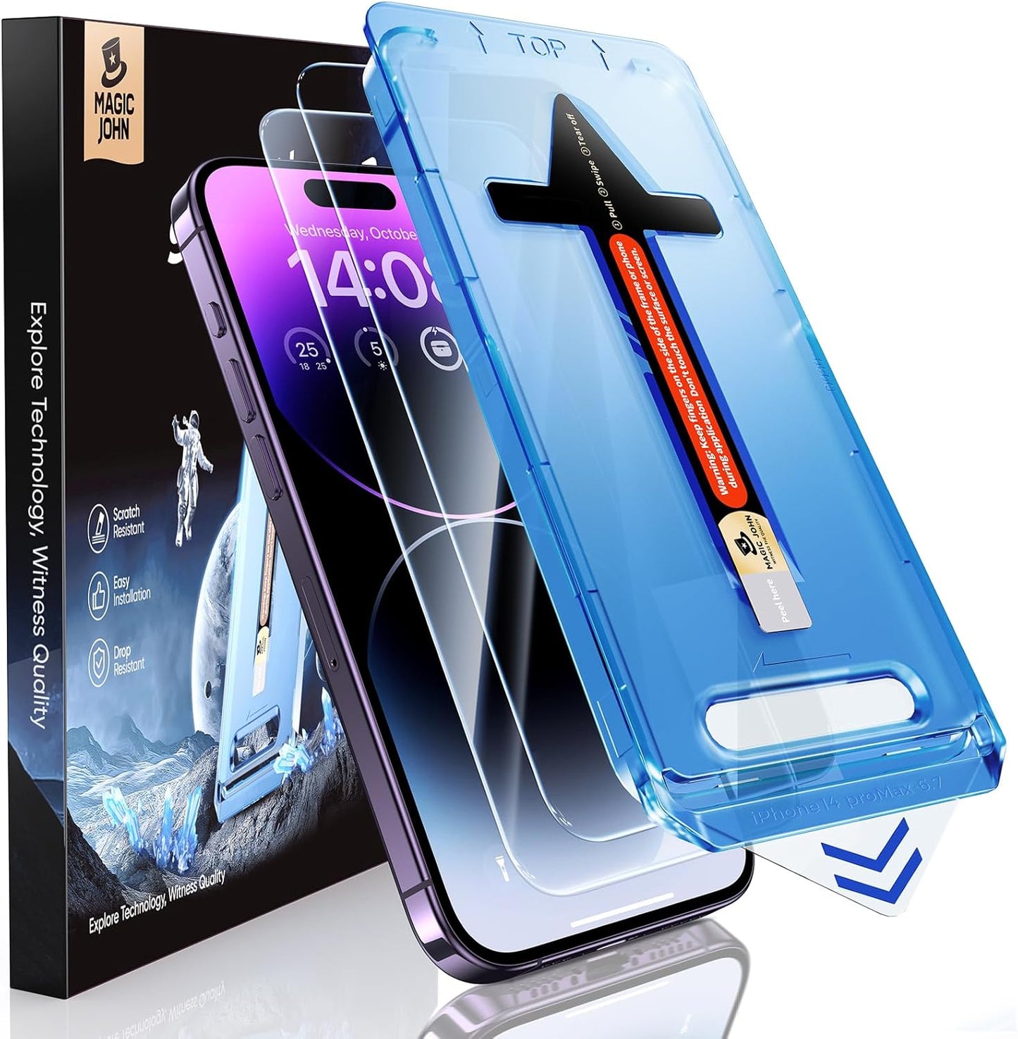 MAGIC JOHN 2 Pack for iPhone 14 Pro Max 6.7 inch Tempered Glass Screen Protector, Auto Dust-Elimination Installation, Bubble Free, Dynamic Island Compatible, HD Clear, Easy Installation
