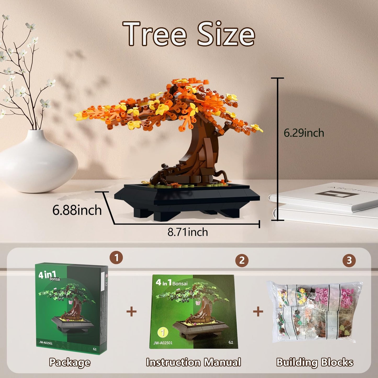 4 in 1 Bonsai Tree Building Blocks Set, 529PCS Botanical Model with Seasonal Transformations, Creative Nature Construction Kit for Relaxation, Home Décor and STEM Learning Gift for Adults and Kids