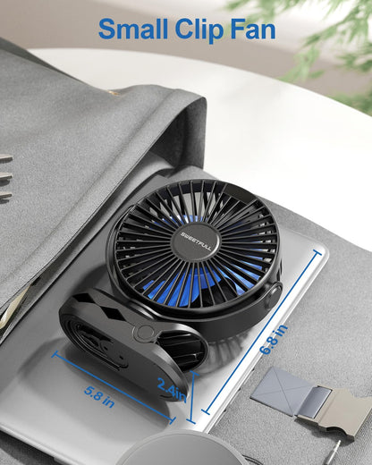 SWEETFULL Portable Clip on Fan - Battery Operated Stroller Fan, 4000mAh Small Rechargeable Fans with LED Display, 4 Speeds, Mini Personal Cooling Desk Cooler for Golf Cart Travel Camping Gym (Black)