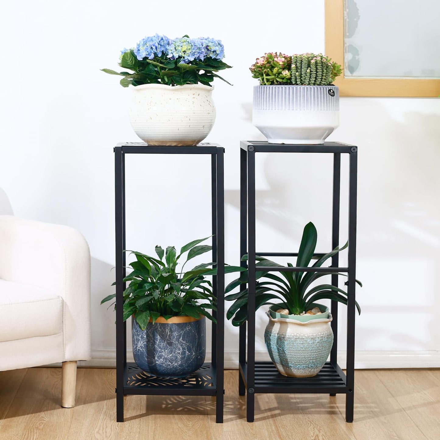Party Zealot 2-Tier Tall Metal Square Plant Stand 31" Heavy-Duty Modern Flower Pot Rack for Indoor Living Room, Corner Side Table for Outdoor Patio, Garden, and Balcony Black, Leaf