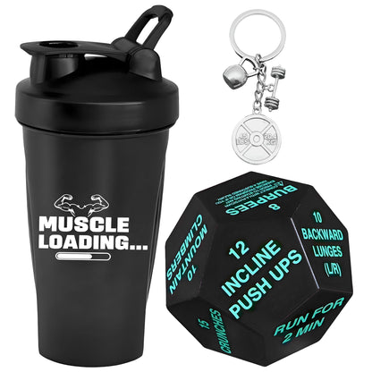 KatchOn, Fitness Gift Set – Pack of 4 | Gym Accessories for Men, with Exercise Dice | Valentine Gifts for Him | Workout Gifts for Men, Pre Workout Shaker, Dice and Dumble Keychains