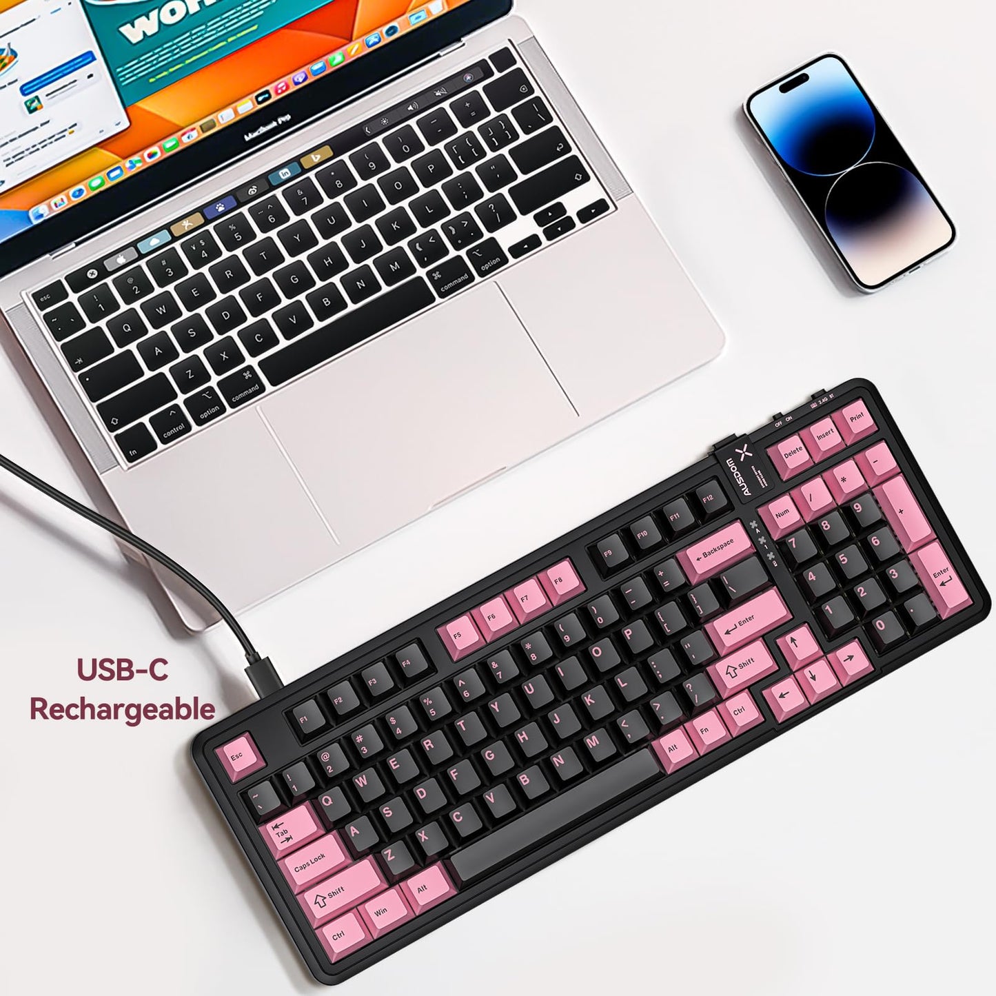AUSDOM 98Pro Silent Mechanical Keyboard, Wireless Hot Swappable Gaming Keyboard with Backlit,Gasket Structure,Pre-lubed Tactile Switches,2.4GHz/Type-C/Bluetooth Custom Keyboards (Green & White-Silent)