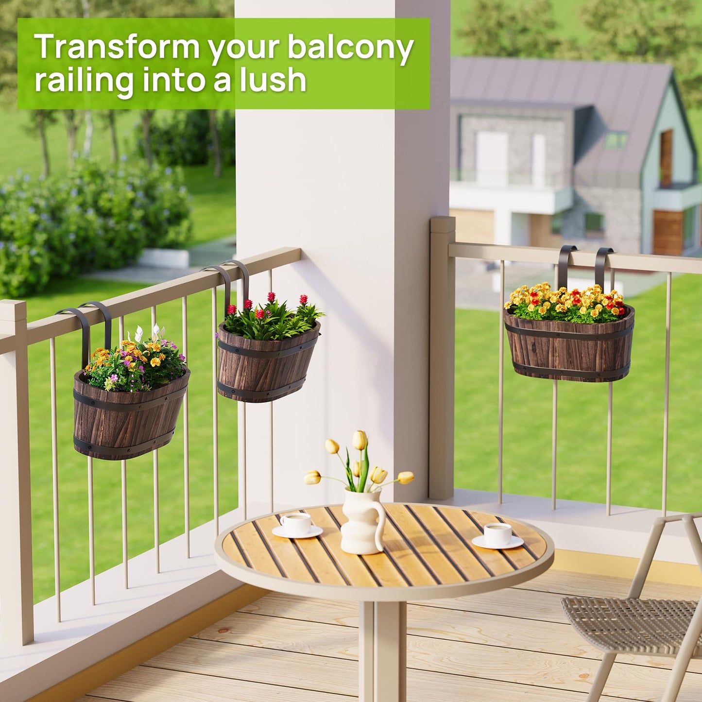 2pcs Wood Railing Planter Boxes Wooden Hanging Flower Pots for Railing Fence Outdoor Plants Wall Planters Window Flower Box Hanging Bucket Pots Countryside plant Holder (Carbonized,2pcs,Small)