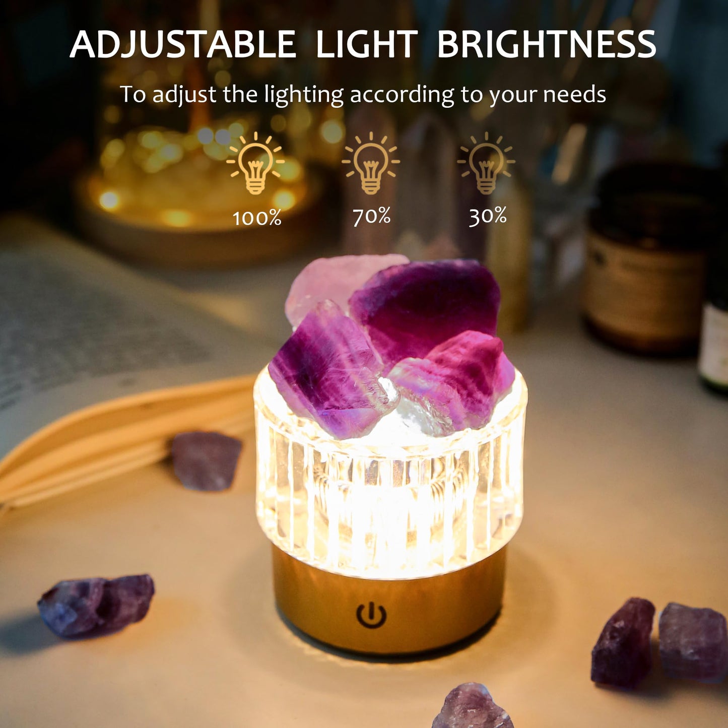 MYDAYS&DESIGN Purple Fluorite Lamp Natural Crystal Lamp, LED Light Dimmer with 3 Levels Cordless, Rocks Lamp Night Light Rechargeable for Room Home Decor Relaxation Ambiance (Purple)