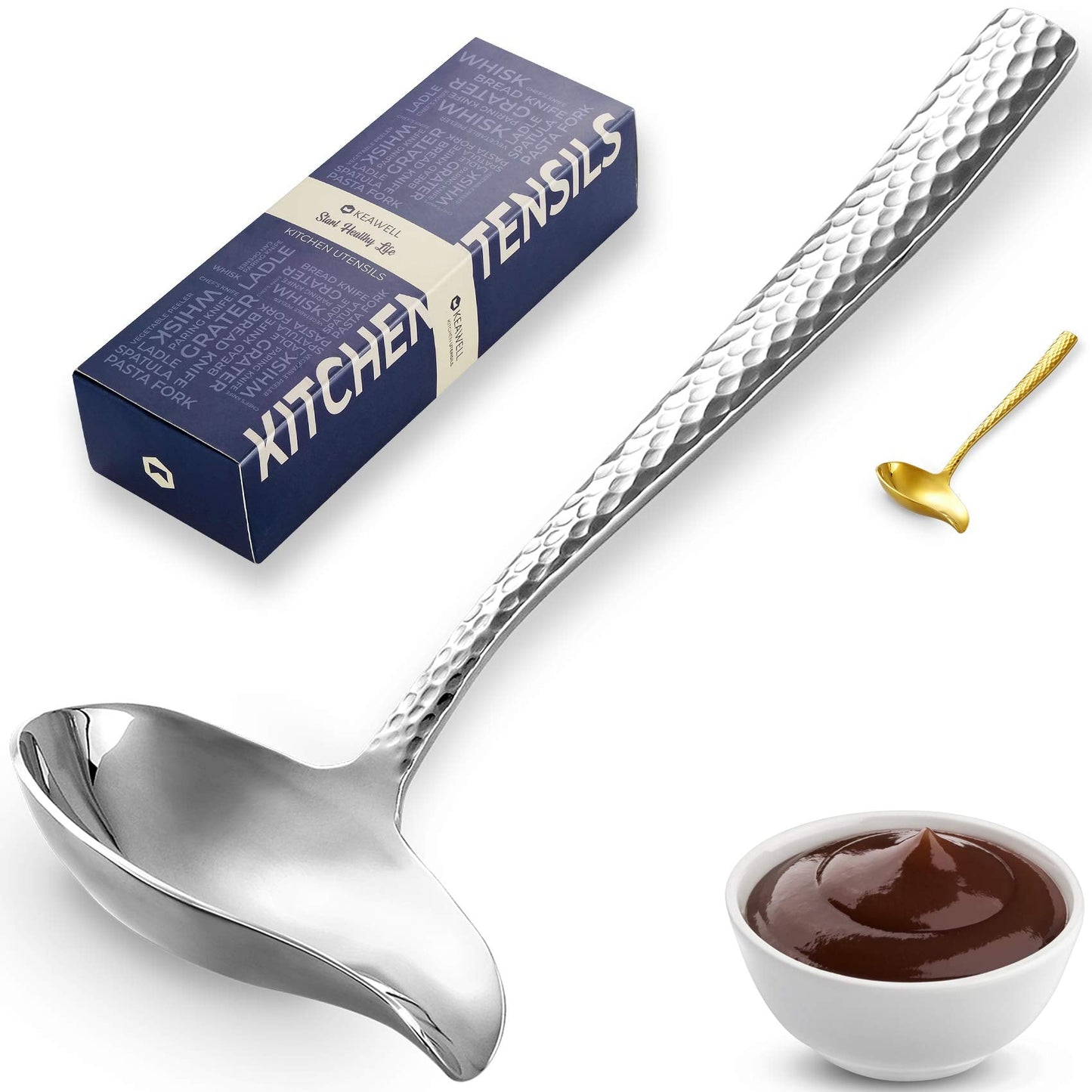 KEAWELL Louis Hammered 18/10 Stainless Steel Sauce Ladle With Pouring Spout, Great small sauce spoon for gravies and dressings, 7.4 Inch, Dishwasher Safe (1)