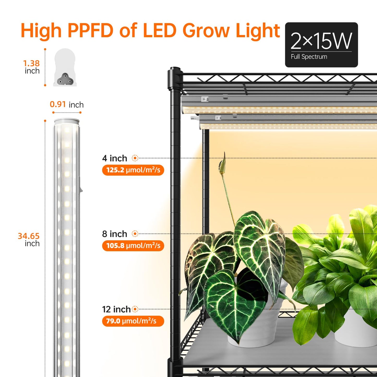 Bstrip Plant Shelf with Grow Light, Tall Grow Light Shelf, Plant Stand with 6 Pack 90W Full Spectrum Plant Lights for Indoor Plants, Seed Starting, Seed Tray, 35.4" Lx13.8 Wx70.8 H