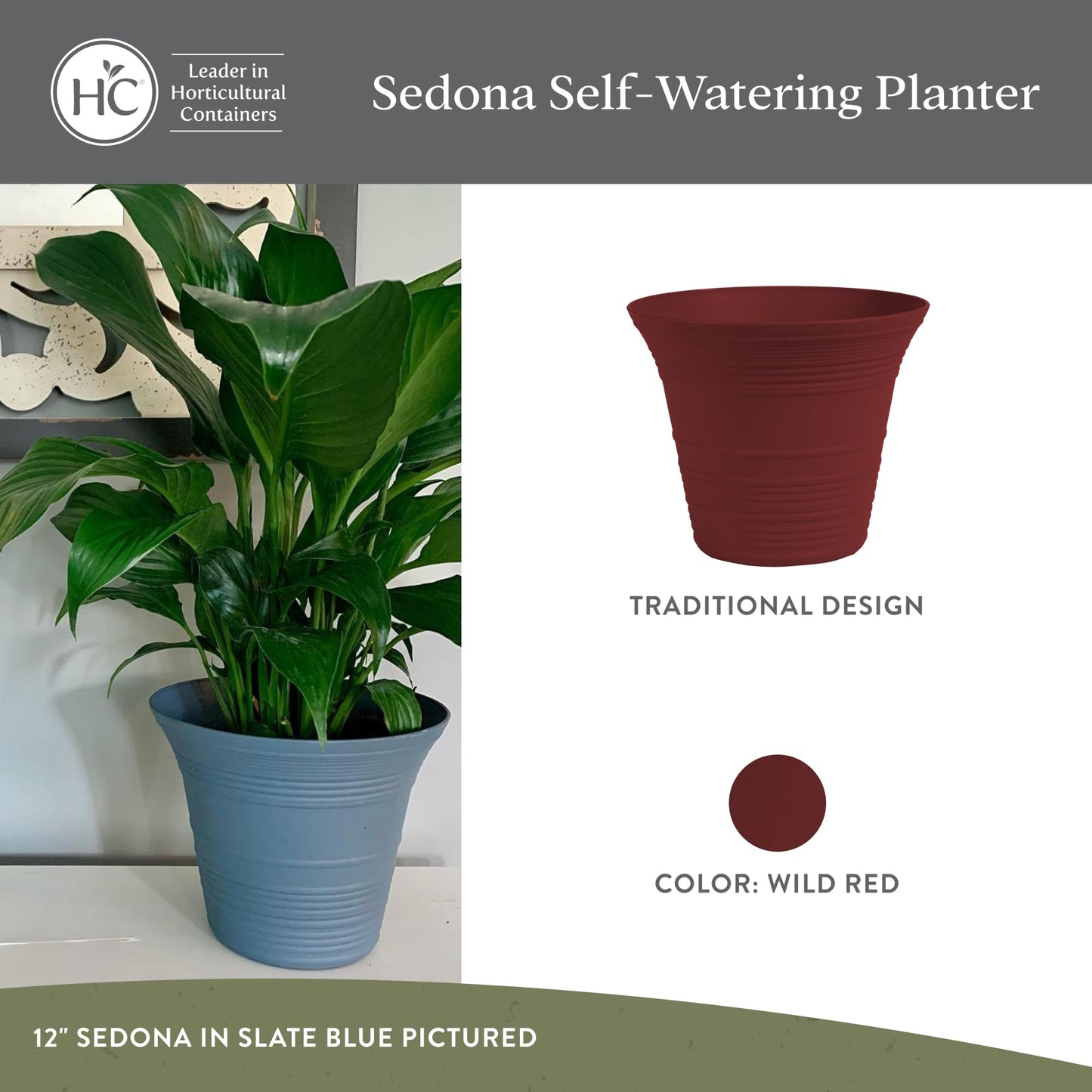 The HC Companies 7 Inch Sedona Round Self Watering Planter Pots, Lightweight UV-Resistant Plastic Indoor & Outdoor Planters, 4-Pack Flower Pots for Garden & Home Decor, Wild Red
