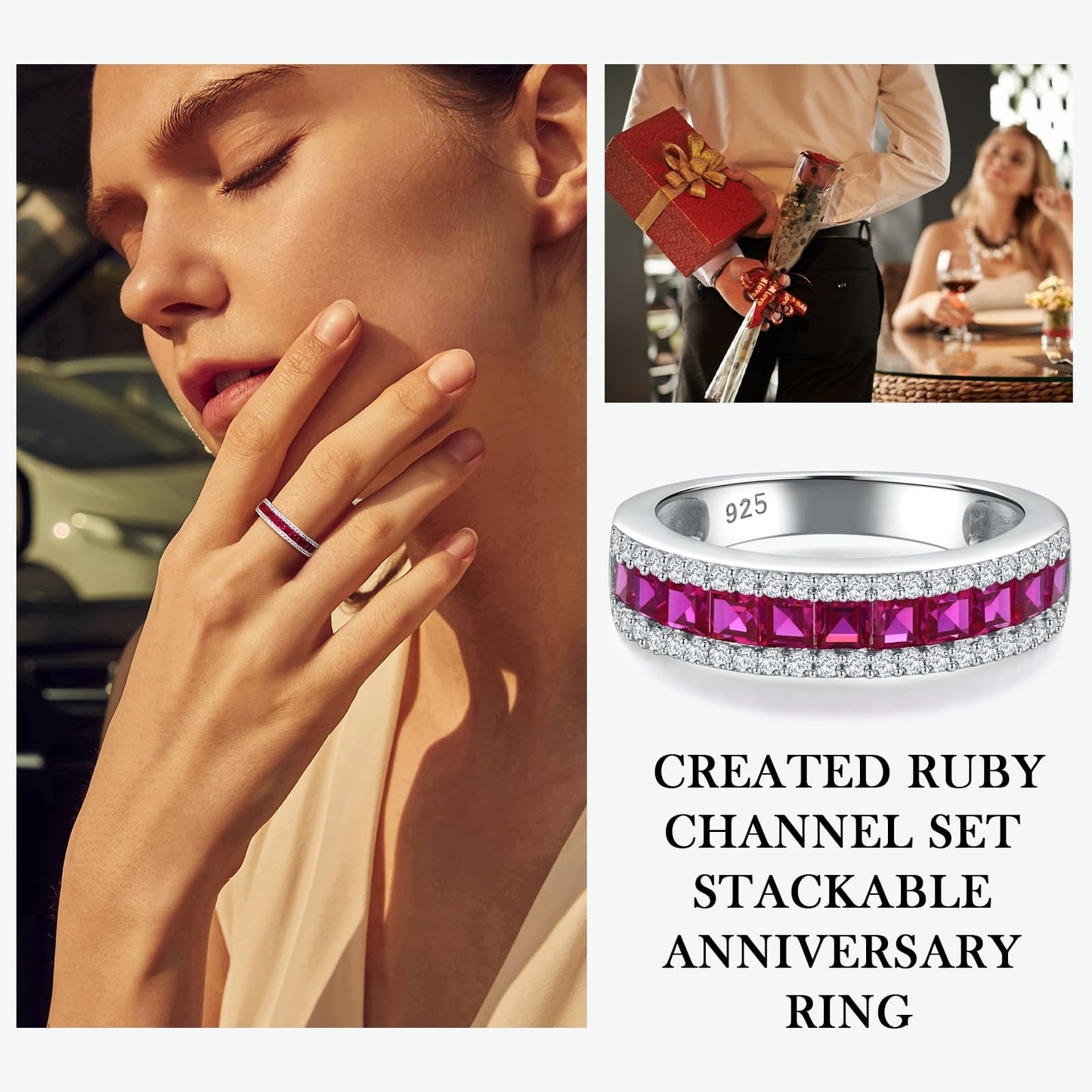 RANDES Red Ruby Eternity Band Rings for Women 925 Sterling Silver Channel Set Princess Cut Engagement Ring Wedding Band Size 6.5