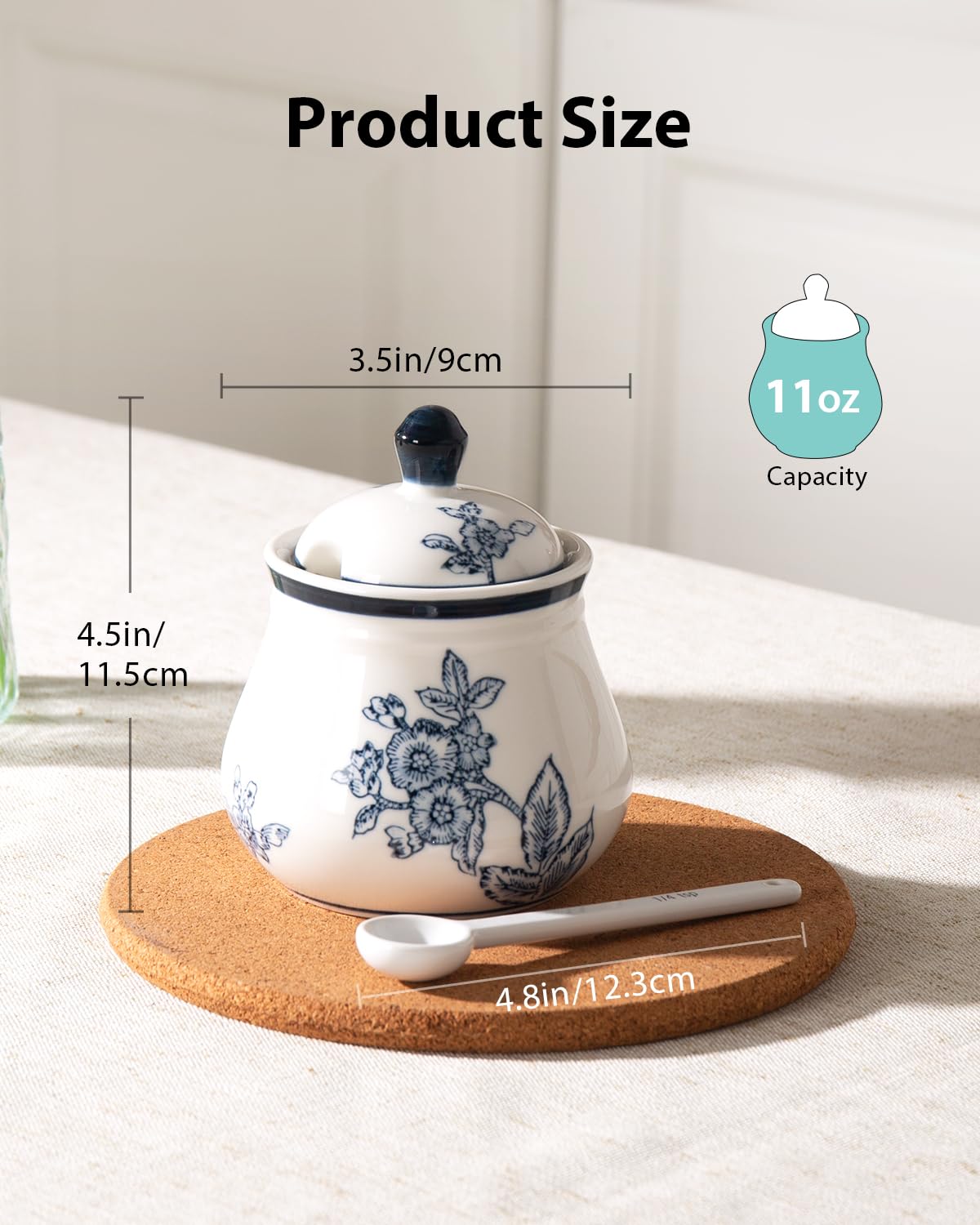 Magclay Ceramic Sugar Bowl with Lid and Spoon, 11Oz Sugar Container for Coffee Bar, Blue and White Sugar Jar/Dispenser, Flowers and Branches