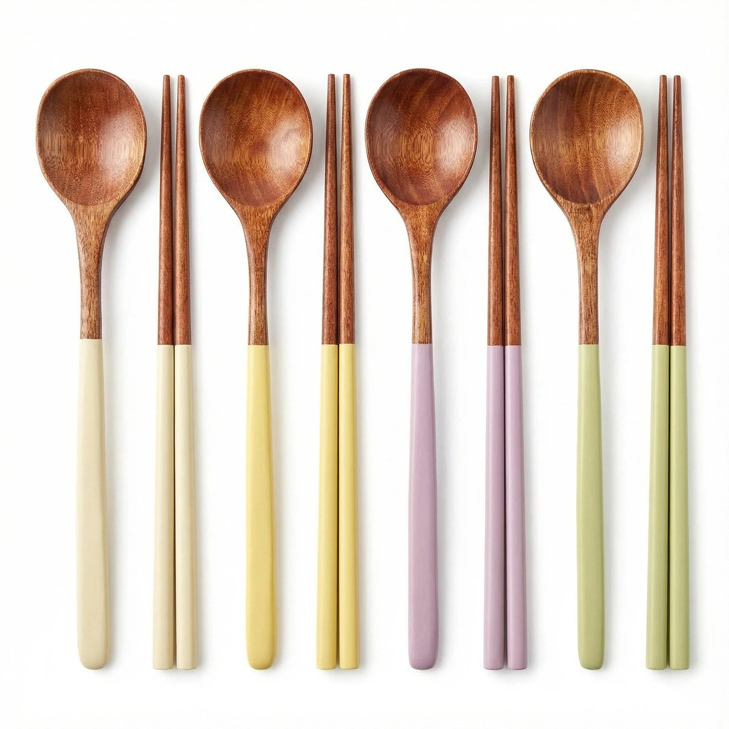 Handmade Wooden Cutlery Set by Diulazin - 4PCS Reusable Spoon and Chopsticks, High-Grade for Daily Use, Parties, Banquets, Buffets, Catering - Eco-Friendly, 9 Inch (Style D)