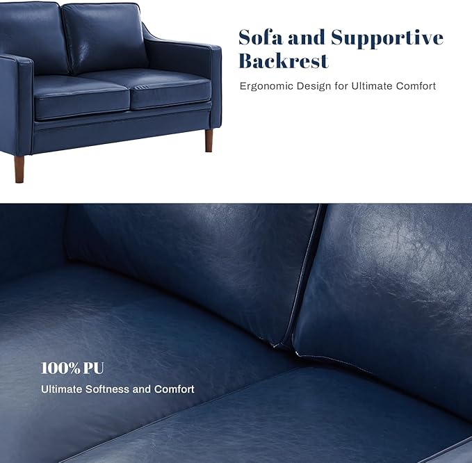 Kingfun 56" Faux Leather Sofa, Loveseat Couch, Mid Century Modern Love Seat