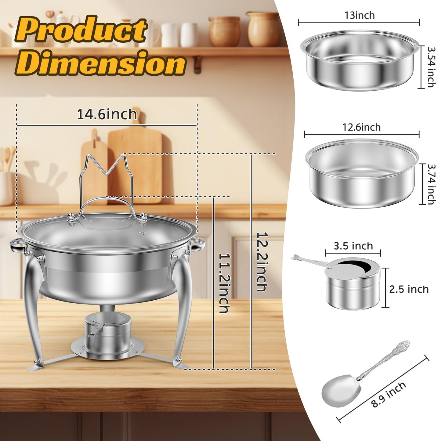 BriSunshine 6 QT Chafing Dish Buffet Set with Serving Spoons, 2 Packs Stainless Steel Round Chafing Dishes with Glass Lid & Lid Holder, Food Warmers for Parties Buffet Weddings Catering Events