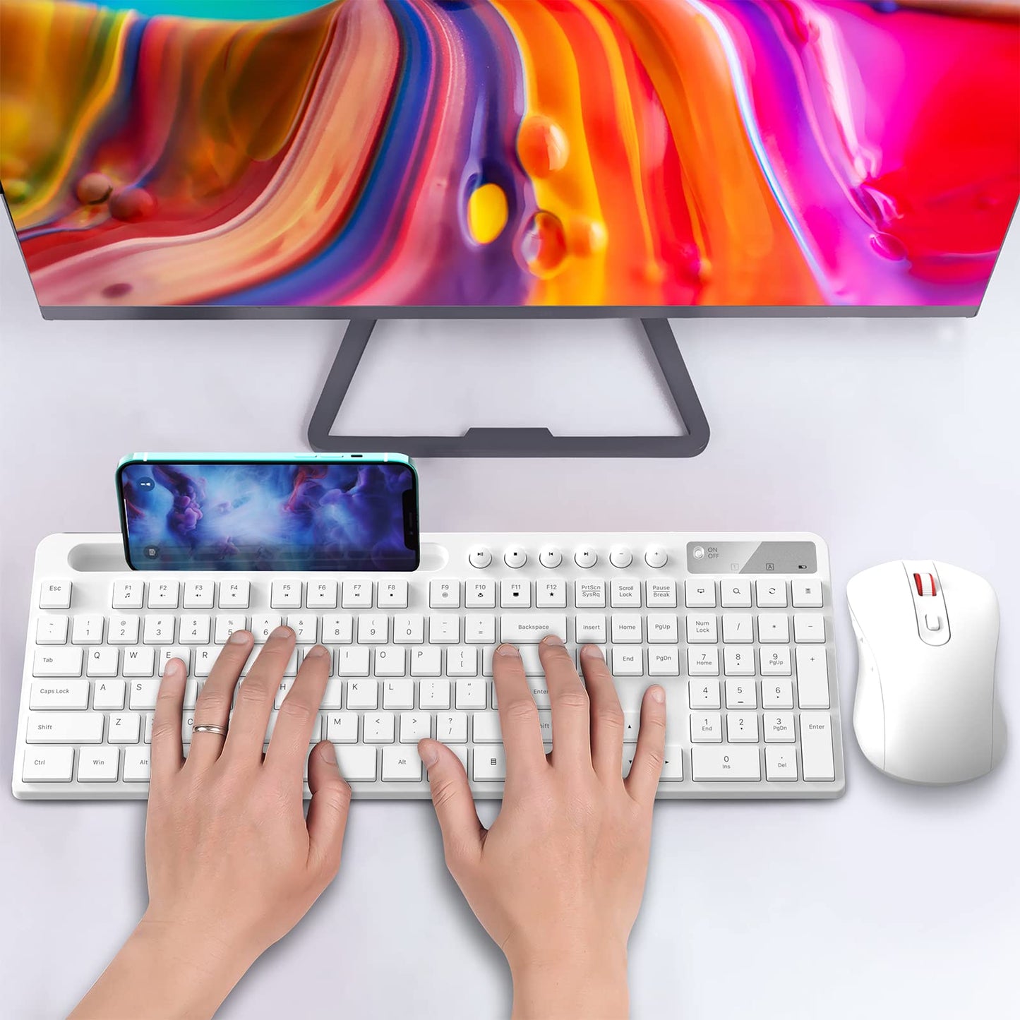 Wireless Keyboard and Mouse Combo, MARVO 2.4G Ergonomic Wireless Computer Keyboard with Phone Tablet Holder, Silent Mouse with 6 Button, Compatible with MacBook, Windows (Black)