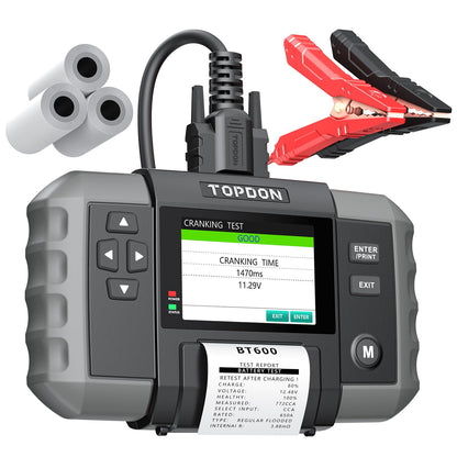 Car Battery Tester, TOPDON BT600 12V, 12V/24V Cranking Tests and Charging Alternator Load 100-2000CCA Digital Battery Voltage Tester, 3.5" Screen with Built-in Printer