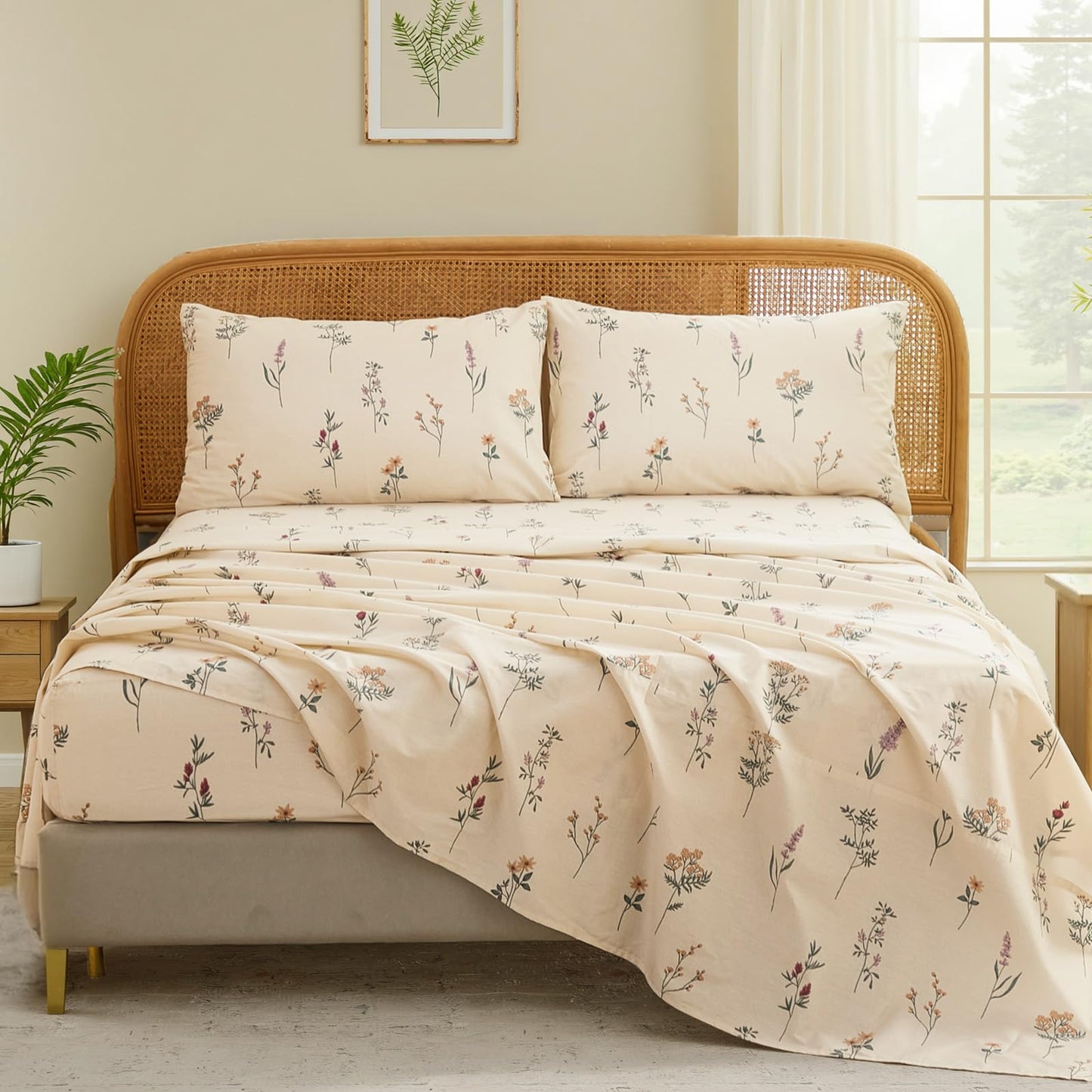Cozaline Cream Floral Sheets Set King Size 100% Cotton, 4 Pieces, Soft & Breathable Percale Weave Bedding, Deep Pocket 17.5", Crisp Cool Feeling, Durable, Perfect Cute Floral Bed Sheet