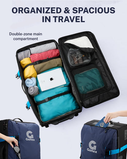 Gonex Rolling Duffle Bag with Wheels, Water-repellent 90L Nylon Large Wheeled Travel Duffel Luggage with TSA Lock & Telescopic Handle 30 inch, Dark Blue
