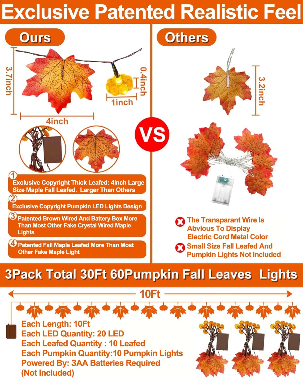 3 Pack & Timer - Fall Garland with Pumpkin Lights Halloween Fall Decorations for Home, 30Ft 60LED Halloween Lights Patented Enlarged Maples Leafed Battery Operated Thanksgiving Decor Indoor Outdoor