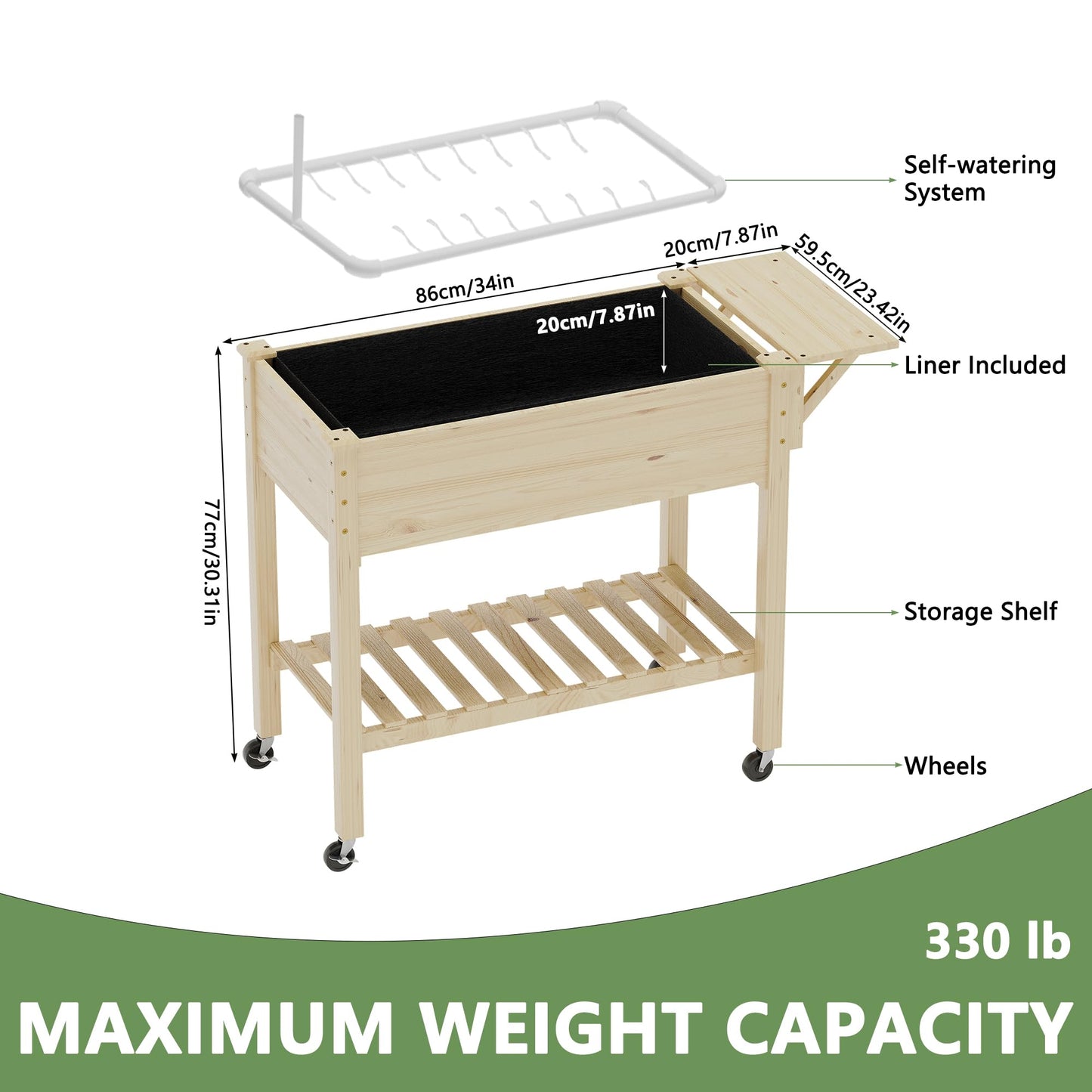 Cakhdry Raised Garden Bed with Legs and Wheels, Self-Watering System, 34x18x30in Elevated Planter Box with Storage Shelf & Liner for Flowers Vegetables Herbs, Raised Bed for Outdoor/Balcony/Patio