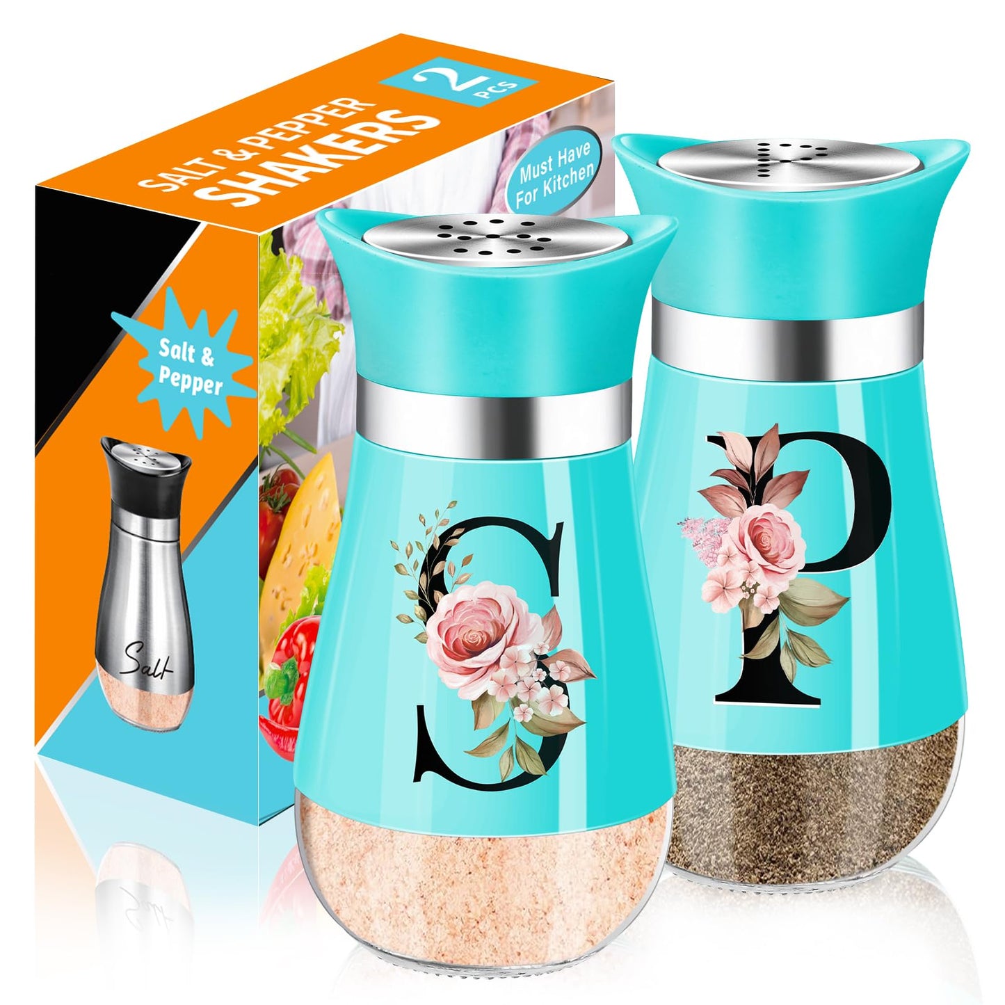 Salt and Pepper Shakers Set, 4 oz Teal Kitchen Accessories and Decor, Stainless Steel & Glass Spice Dispenser Classic, Refillable Design, Farmhouse Salt Pepper Shakers Cute Kitchen Decoration (Blue)