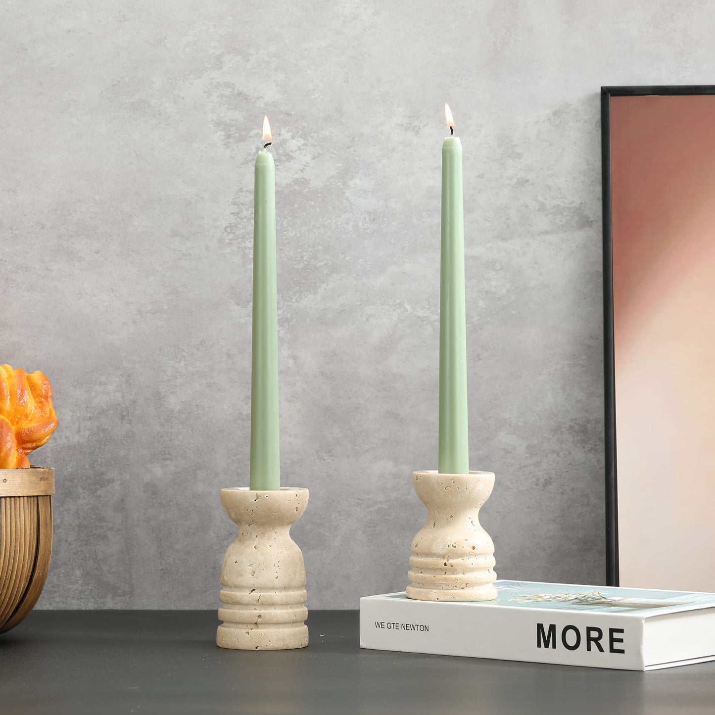 WORHE Candle Holders Italy True Natural Travertine Stone Set of 2 Premium Marble Candlestick Holder for Wedding Dinning Party Candle Stand for Dia 3/4" Taper Pillar Candles Color Beige (CH6065YL)