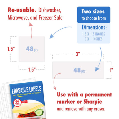 MESS Erasable Kitchen Labels, 96-Pack (1x3 & 1.5") – White Dry Erase Stickers for Pantry, Jars, Food Containers, Fridge & Freezer