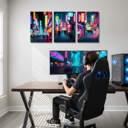 Anime Posters Japanese Wall Art Framed 3 Pieces Tokyo Neon Streets Night Japan City Wall Decor Poster for Living Room Bedroom Bathroom Japanese Room Decor Stretched Ready to Hang