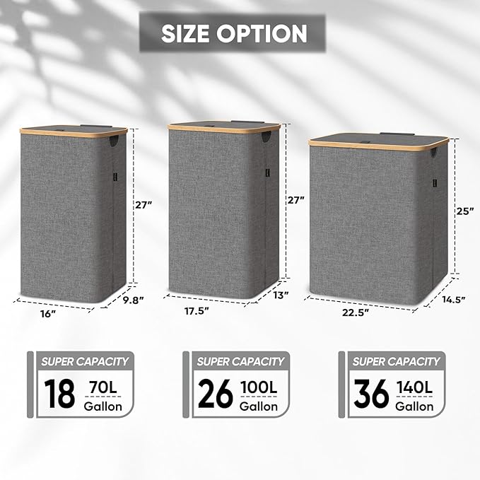 BALEINE Laundry Hamper with Lid, Tall Laundry Baskets with Bamboo Pull Handles