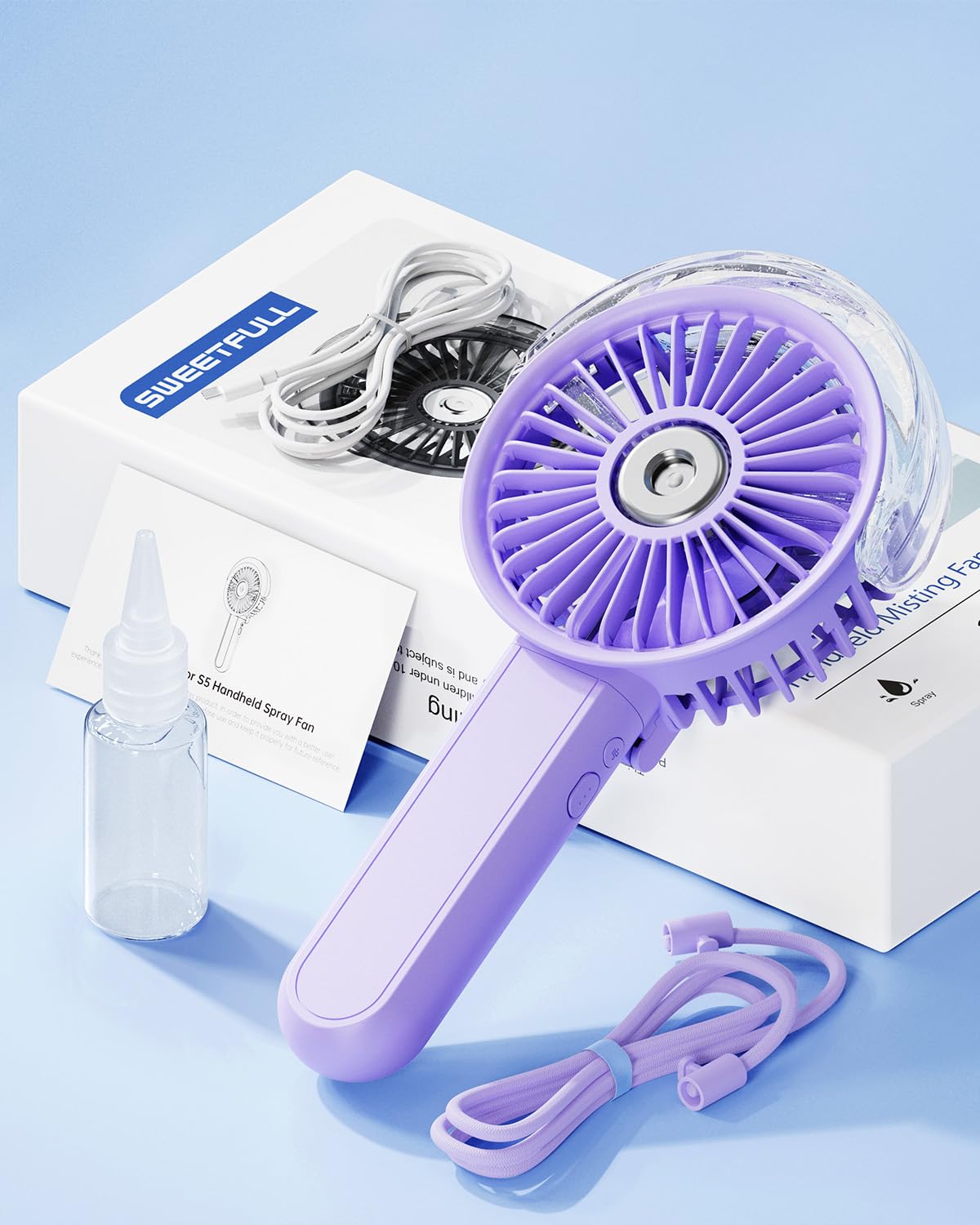 SWEETFULL Portable Misting Fan - 180° Foldable Handheld Personal Fan with Mist Spray, 3 Speeds, 30ml Water Tank, USB Rechargeable for Travel, Outdoors, Makeup, Camping, Home, and Office Use