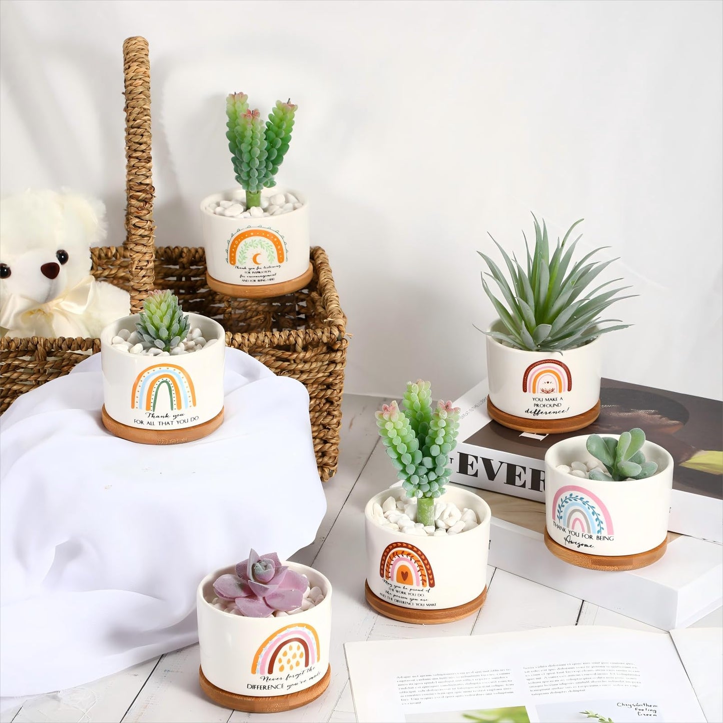 Sieral 6 Pcs Thank You Employee Appreciation Gift Succulent Pots Social Worker Gift Ceramic Plant Pot with Bamboo Tray Succulent Planter for Coworker Teacher, Plants Excluded (Boho Style)