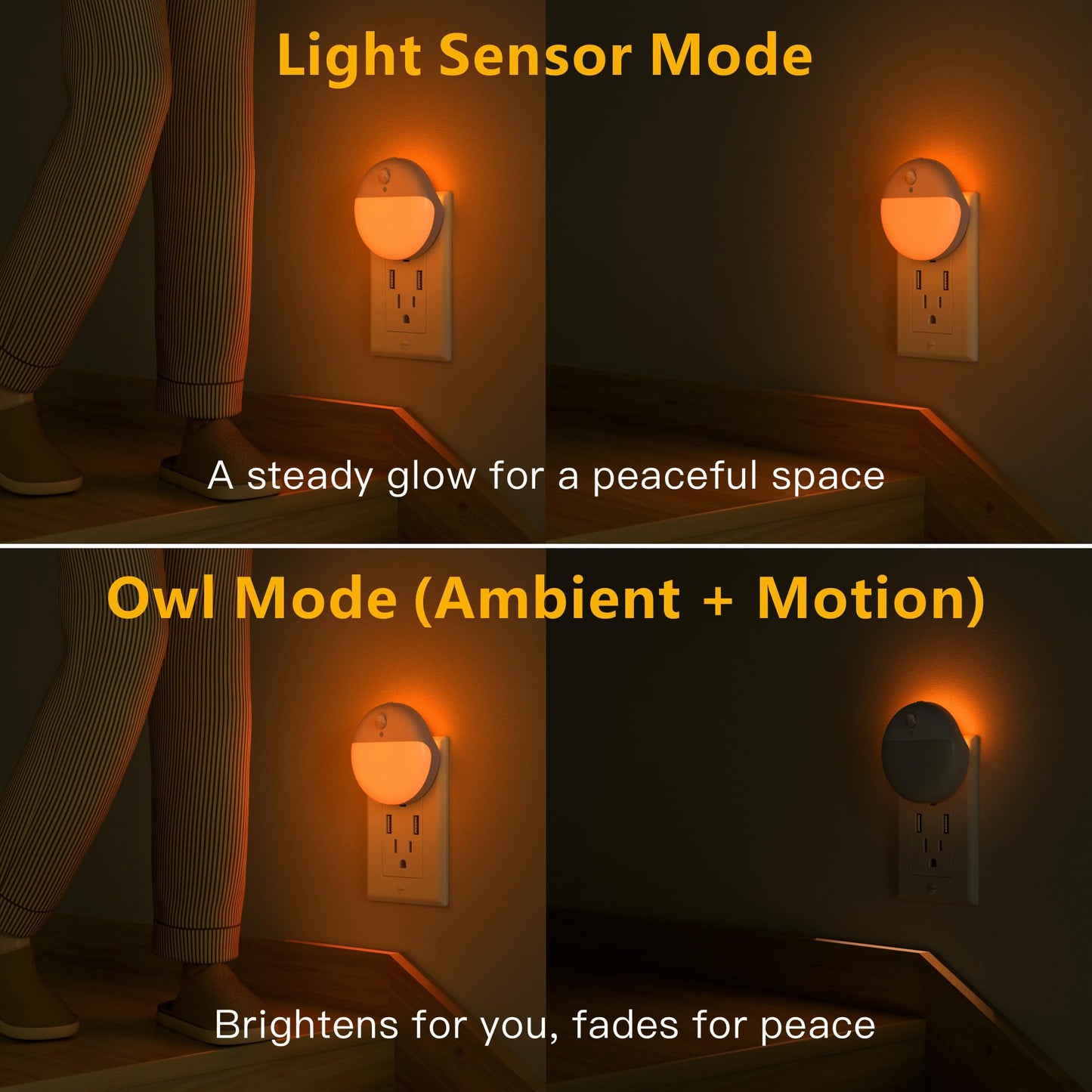 YUNLEX 2 Pack Plug in Sleep Night Light with Motion Sensor and Dusk to Dawn Sensor, 3 Modes, Soft Glow, Stepless Dimming, LED Lights for Bedroom, Sleep, Baby Nursery, Kids, Toddler, Home Decor (Amber)